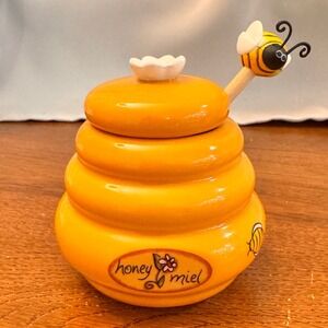 Cute Honey‎ Miel Pot Hive Shaped Ceramic with Bee Spoon Lid Kitchen Decor